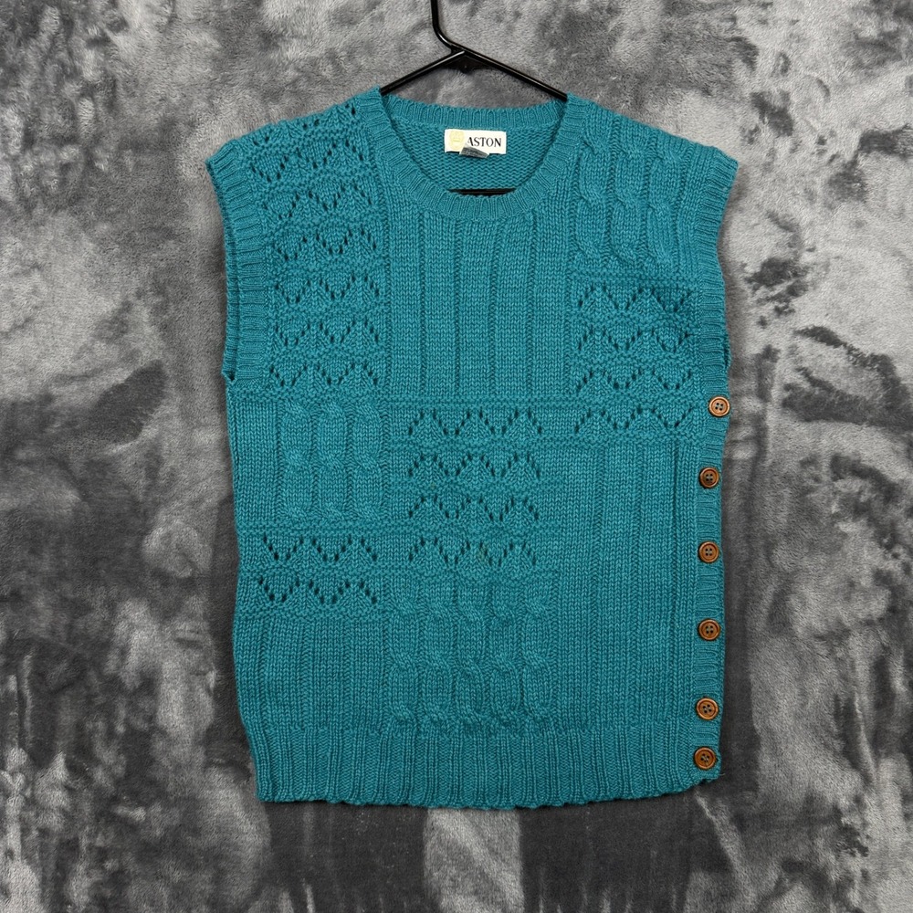 Aston Sweater Vest Womens 36 Teal Blue Shetland Wool Side Button Cable Knit